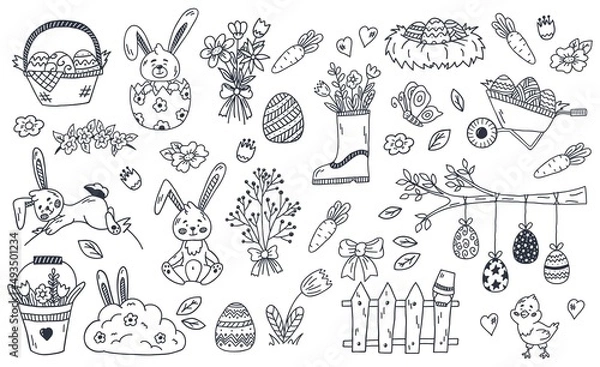 Fototapeta Cute vector set of Easter doodles: bunnies, baskets, Easter eggs, chickens, carrots, leaves, flowers, butterflies.