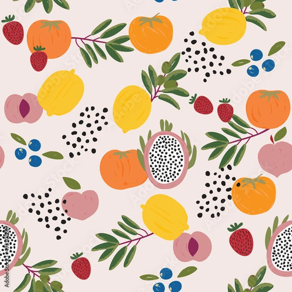 Fototapeta Trendy colourful of summer fruits, Mixed fruits Dragon fruits,Lemon .Berries,Orange ,Strawberry ,Peach in brush strokes style,  seamless pattern vector, fashion design, fabric, wallpaper,wrap