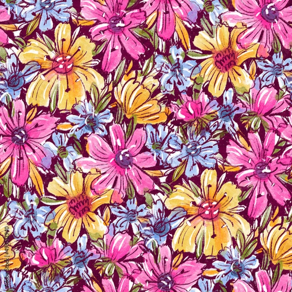 Fototapeta Seamless pattern with bright spring flowers
