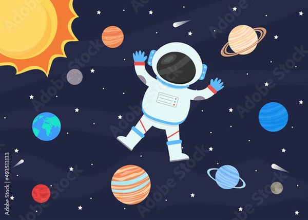 Obraz Astronaut in a spacesuit, against the background of the starry sky and the planets of the solar system.