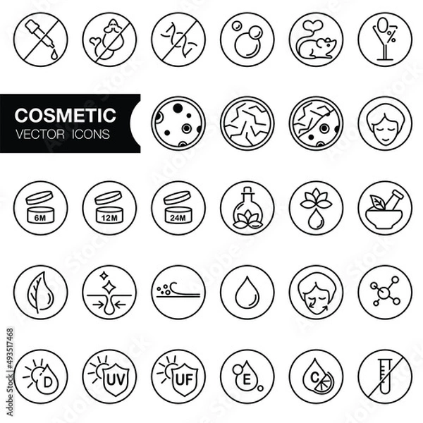 Fototapeta Face and body cosmetic care icons. Thin line icon set. Editable strokes, EPS 10, vector. All skin types and cosmetic manipulation symbols.