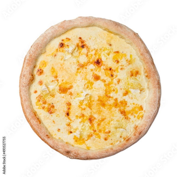 Fototapeta Pizza Four Cheese with Mozzarella, gouda, camembert, cheddar and creamy sauce. Isolated on white background