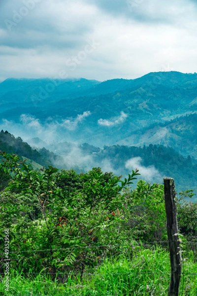 Fototapeta Mountains hill sky cloud panorama look. Pick view on tropical forest land