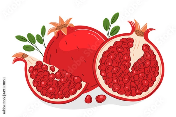 Obraz Juicy ripe pomegranate fruit whole, half and seeds with green leaves. Design element for cosmetics, spa, pomegranate juice, healthcare products, perfumes, for product packaging, menu design or print.