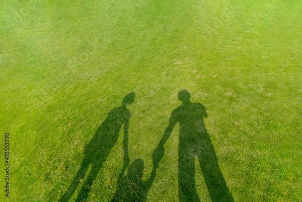 Obraz 芝生に映る手を繋いだ親子のシルエット。仲良し,親子,家族のイメージ