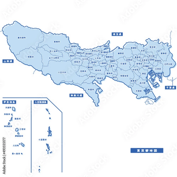 Obraz 東京都地図 シンプル淡青 市区町村