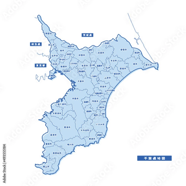 Obraz 千葉県地図 シンプル淡青 市区町村