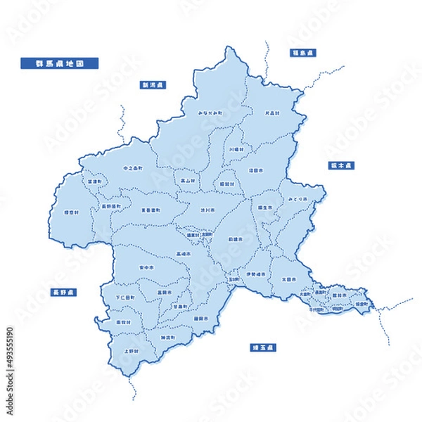 Obraz 群馬県地図 シンプル淡青 市区町村
