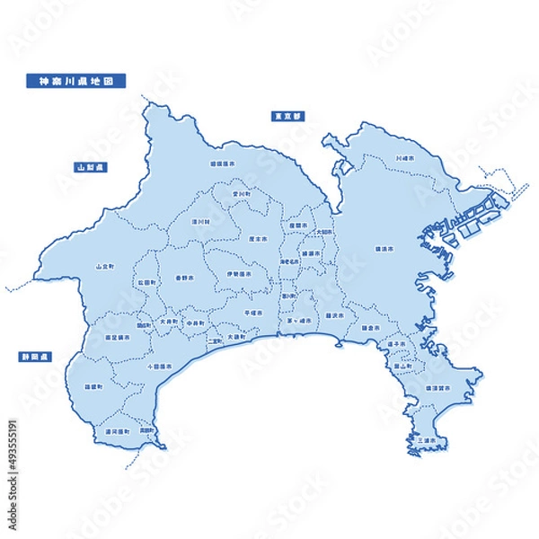 Obraz 神奈川県地図 シンプル淡青 市区町村