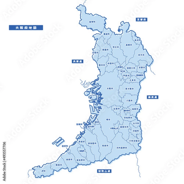Obraz 大阪府地図 シンプル淡青 市区町村