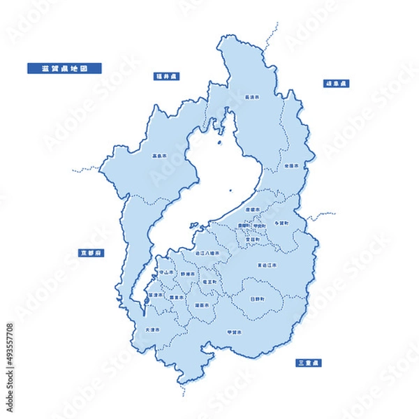 Obraz 滋賀県地図 シンプル淡青 市区町村