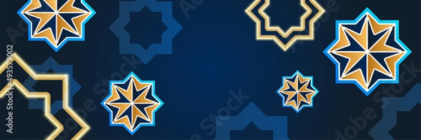 Fototapeta Islamic ramadan banner background with crescent pattern moon star mosque lantern. Vector illustration. Design for Eid Fitr, Eid Adha, Ashura, Islamic New Year, Muharram, Mawlid, Hajj, and Isra Miraj