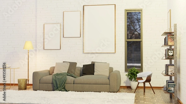 Fototapeta Photo mockup in livingroom interior 3d illustration cozy place home decoration minimalist