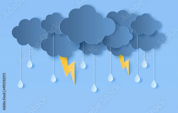 Fototapeta Paper cut of clouds and drops rain  with lightning on purple dark background. Vector illustration