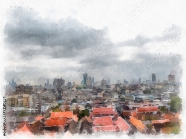 Obraz Ancient buildings in central Thai architecture in Wat Sa Bangkok Thailand watercolor style illustration impressionist painting.