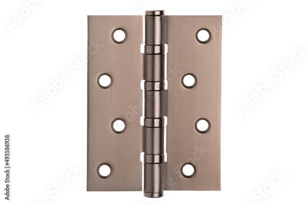 Obraz Door hinges made of metal on a white isolated background. Hinges for doors of a room, apartment, office, warehouse and other premises. Fastening for doors on the frame and on the wall.