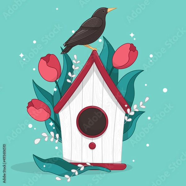 Fototapeta birds in the nest, Vector starlings and birdhouses, vector birdhouses, bird arrived in spring, spring card with birdhouse, cute birdhouse, hello spring, vector spring flowers, vector spring flowers