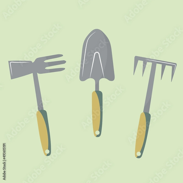 Fototapeta Garden vector concept design with shovel, watering can and wheelbarrow with plants and flowers. Gardening tools