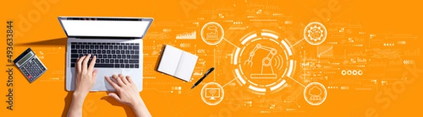 Fototapeta Smart industry concept with person using a laptop computer