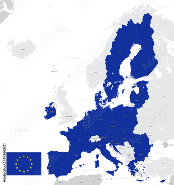 Fototapeta Detailed map of the European Union with flag, member states highlighted in blue