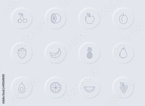 Fototapeta summer fruits gray vector icons on round rubber buttons. summer fruits icon set for web, mobile apps, ui design and promo business polygraphy