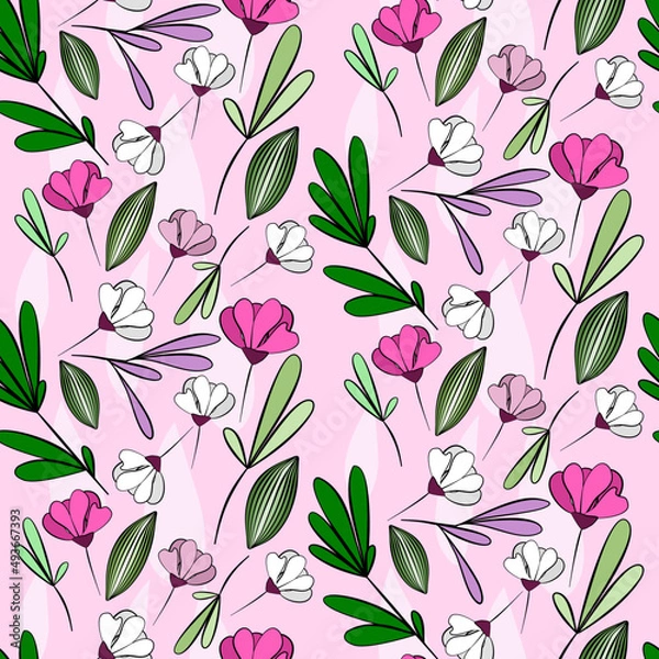 Fototapeta Vector seamless half-drop pattern, with leaves and flowers