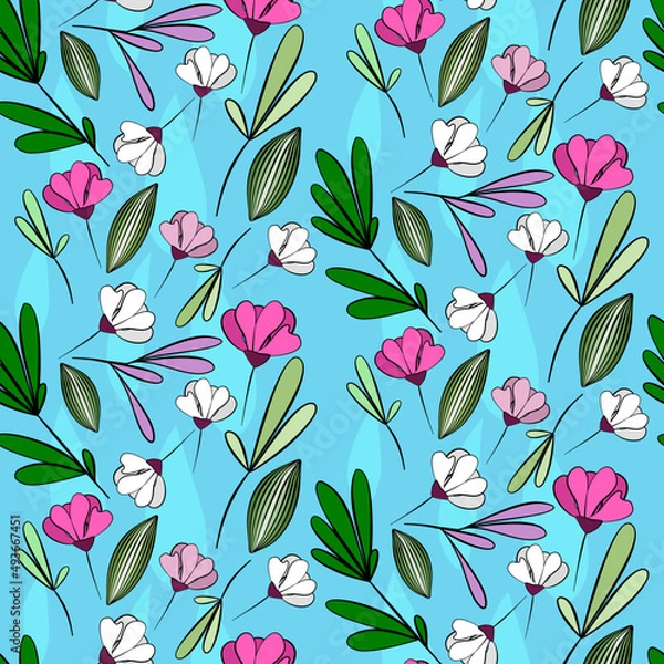 Fototapeta Vector seamless half-drop pattern, with leaves and flowers