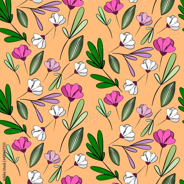 Fototapeta Vector seamless half-drop pattern, with leaves and flowers