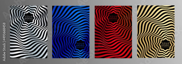 Fototapeta Modern gold, red, blue, silver cover design set. Abstract wavy line pattern on black background. Creative stripe vector collection for business page, brochure template, booklet, flyer, catalog, card