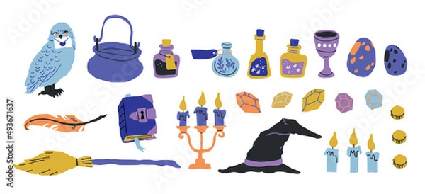 Fototapeta Cartoon magic items crystal globe, potion bottle, owl, witch hat, burning candle and wand, spell book and cauldron. Elements for computer game, isolated wiz stuff, Vector illustration, icons set
