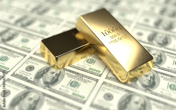 Obraz Dollars and Gold bars 3D rendering
