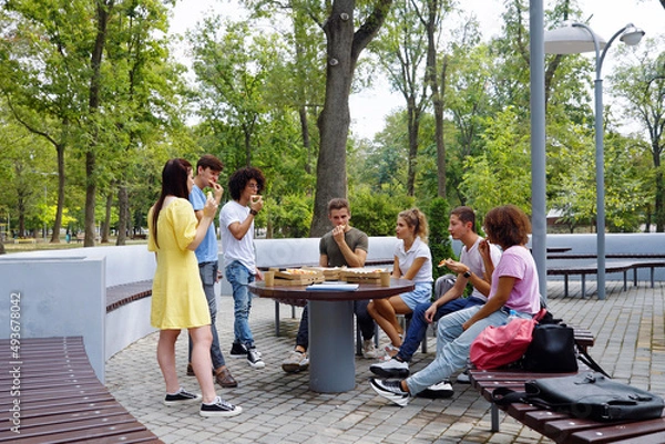 Fototapeta Group of young people gathering around table in park and enjoying pizza, bags and backpacks lying on bench beside. Arc shot zoom out students having lunch together after classes. Concept of food