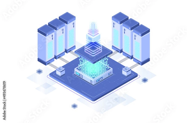 Obraz Data center or server room processing data operation with security protection and maintenance with isometric design style - vector