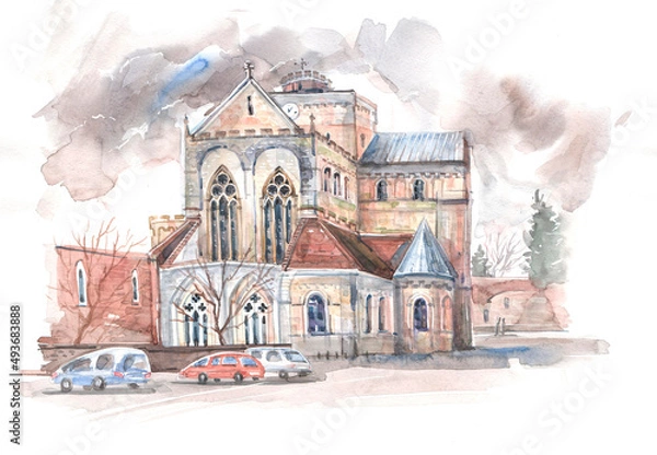 Fototapeta An English old church on a cloudy autumn day is drawn in watercolor on paper.