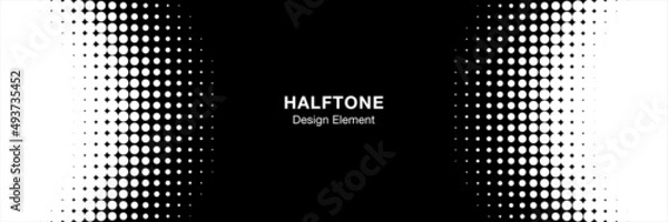 Fototapeta White halftone circle frame horizontal background. Black circular border using halftone dots texture. Vector illustration.