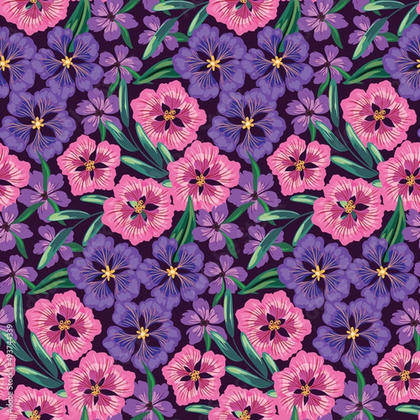 Fototapeta Ornate flowering meadow with purple and pink flowers, leaves on a dark field. Seamless pattern, summer floral print with various hand drawn plants. Botanical background, vector illustration.