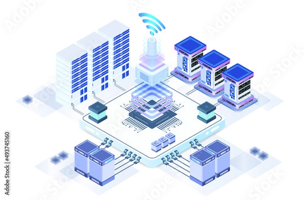 Obraz  Data center or server room processing data operation with security protection and maintenance with isometric design style - vector