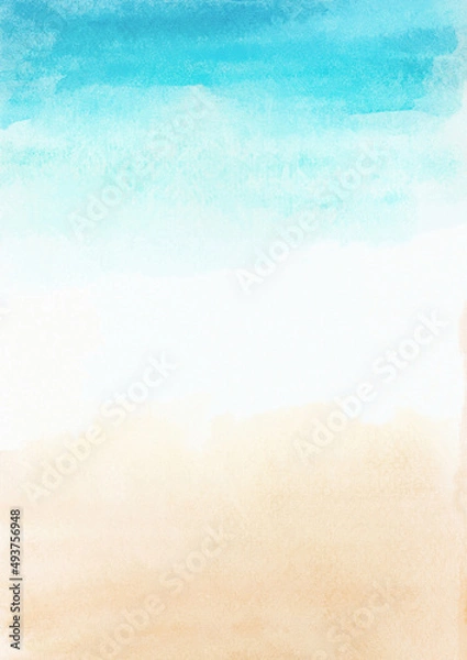 Fototapeta Watercolor painting blue ocean wave on sandy beach background.  Abstract blue sea and beach summer background for banner, invitation, poster or web site design, imitation, space for text.