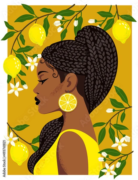Obraz Portrait of beautiful african woman with blooming lemon tree. Young black girl with braided hairstyle. Vector illustration