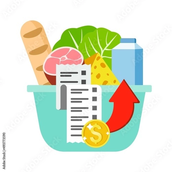 Fototapeta Rising food prices. Shopping cart with groceries and purchase receipt. Dollar growth, red arrow up. Flat vector illustration isolated on white background. 