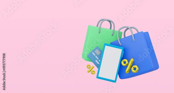Obraz Concept of online shopping icons. Phone, credit card and shopping bags. 3d render illustration