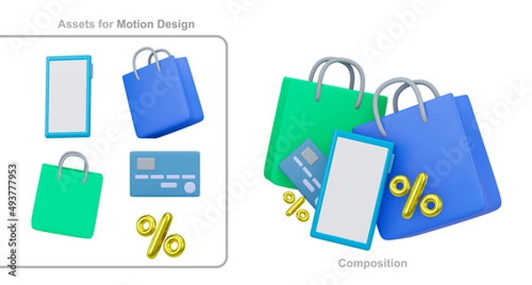 Obraz The concept of online shopping in social networks. With separate icons for motion design. 3d render illustration