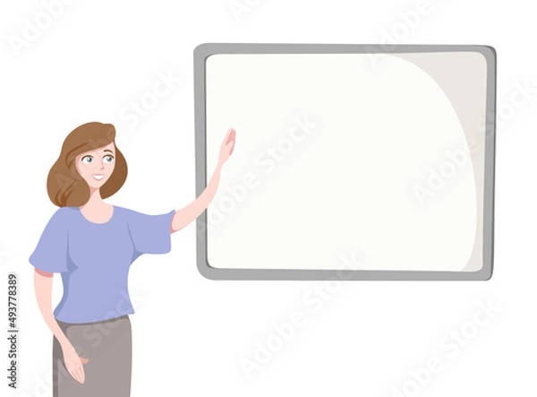 Fototapeta Woman (brown - haired) near the empty board -  flat illustration. The concepts of learning, education, business and so on.
