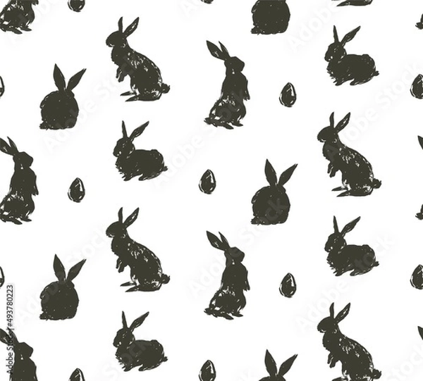 Fototapeta Hand drawn vector abstract sketch graphic scandinavian freehand textured modern collage Happy Easter cute simple bunny,eggs illustrations silhouette seamless pattern isolated on white background