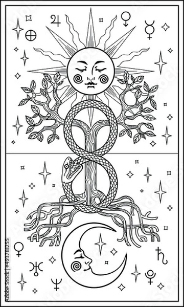 Obraz Tarot card with moon, sun, ouroboros and Yggdrasil tree of life from scandinavian mythology. Vector outline for coloring page