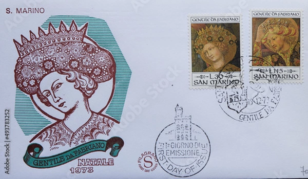 Fototapeta Colorful Vintage Used Postage Stamps from San Marino