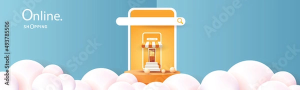 Fototapeta online shopping on phone buy sell business digital  web banner application money advertising payment ecommerce vector illustration search