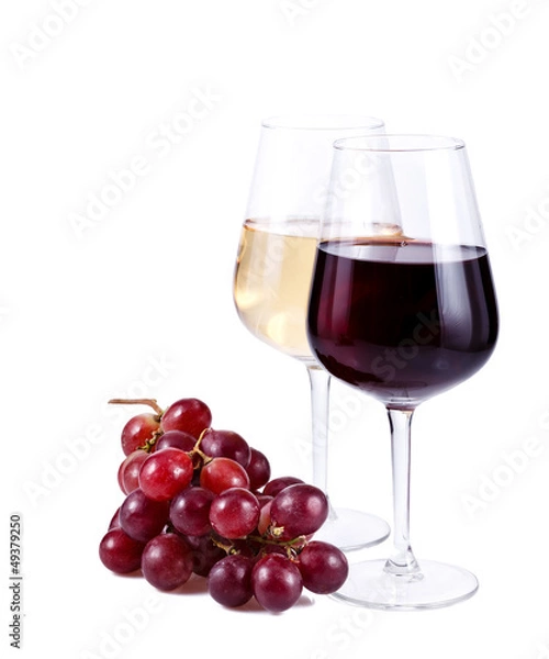 Fototapeta two wine glasses with red and white wine and grapes
