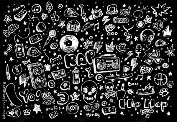 Fototapeta graffiti street hobbies and teenage music. a set of isolated elements drawn in a doodle style with a white isolated line on black for a teenage design template microphone, vinyl record, tape recorder,