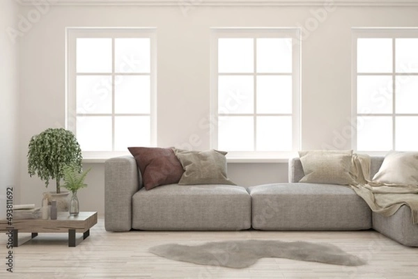 Fototapeta White living room with sofa. Scandinavian interior design. 3D illustration